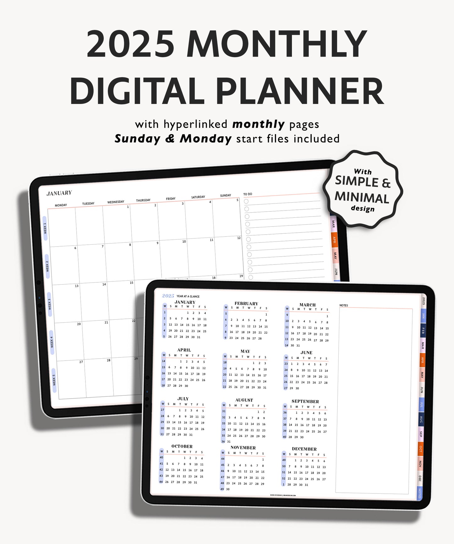 2025 Simple Monthly Weekly Digital Planner | Modern Minimal