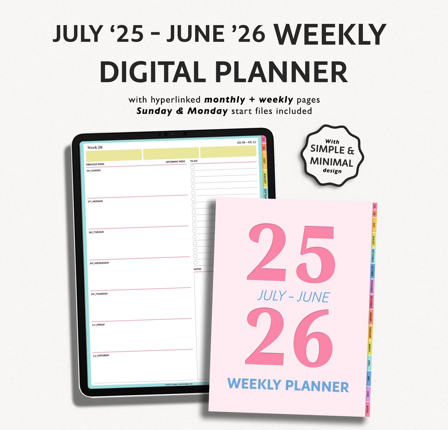 2025 2026 Mid Year Weekly Planner | Minimal Modern Simple Agenda