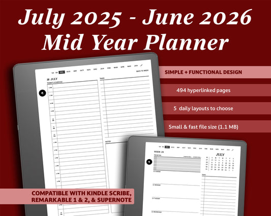 2025–2026 Digital Planner for Kindle Scribe | Dated July 2025–June 2026