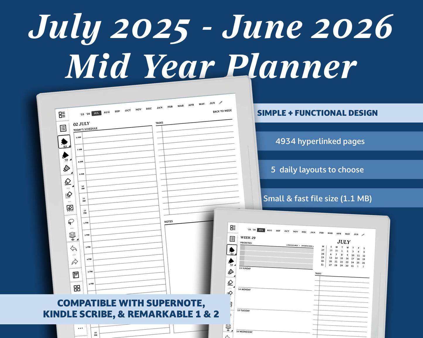July 2025– June 2026 Digital Planner for Supernote | Hyperlinked Monthly, Weekly & Daily Pages