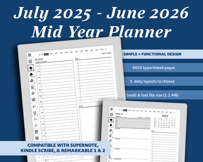 July 2025– June 2026 Digital Planner for Supernote | Hyperlinked Monthly, Weekly & Daily Pages