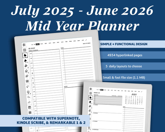 July 2025– June 2026 Digital Planner for Supernote | Hyperlinked Monthly, Weekly & Daily Pages