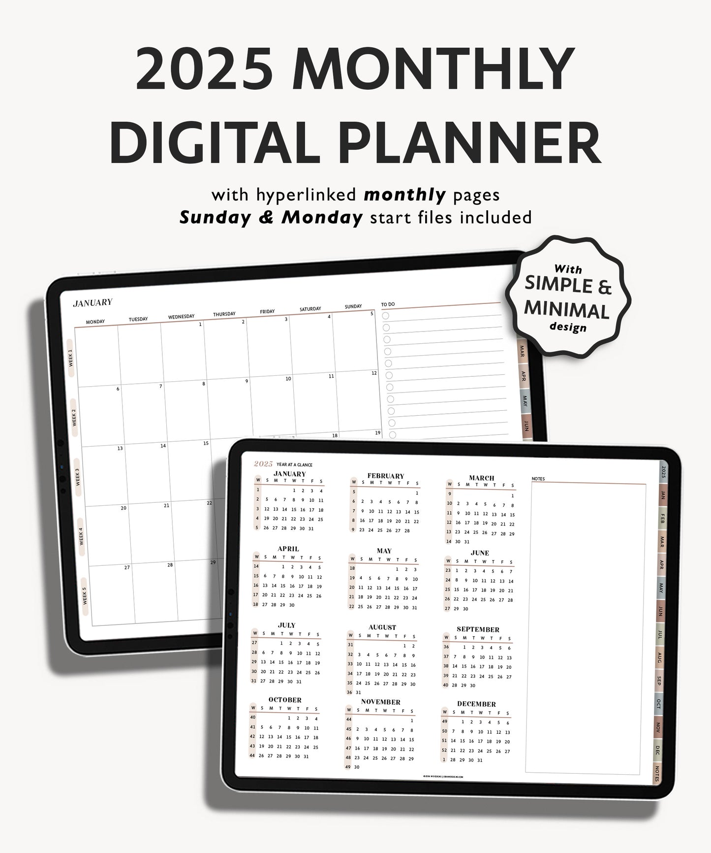 2025 Simple Monthly Weekly Digital Planner | Modern Minimal