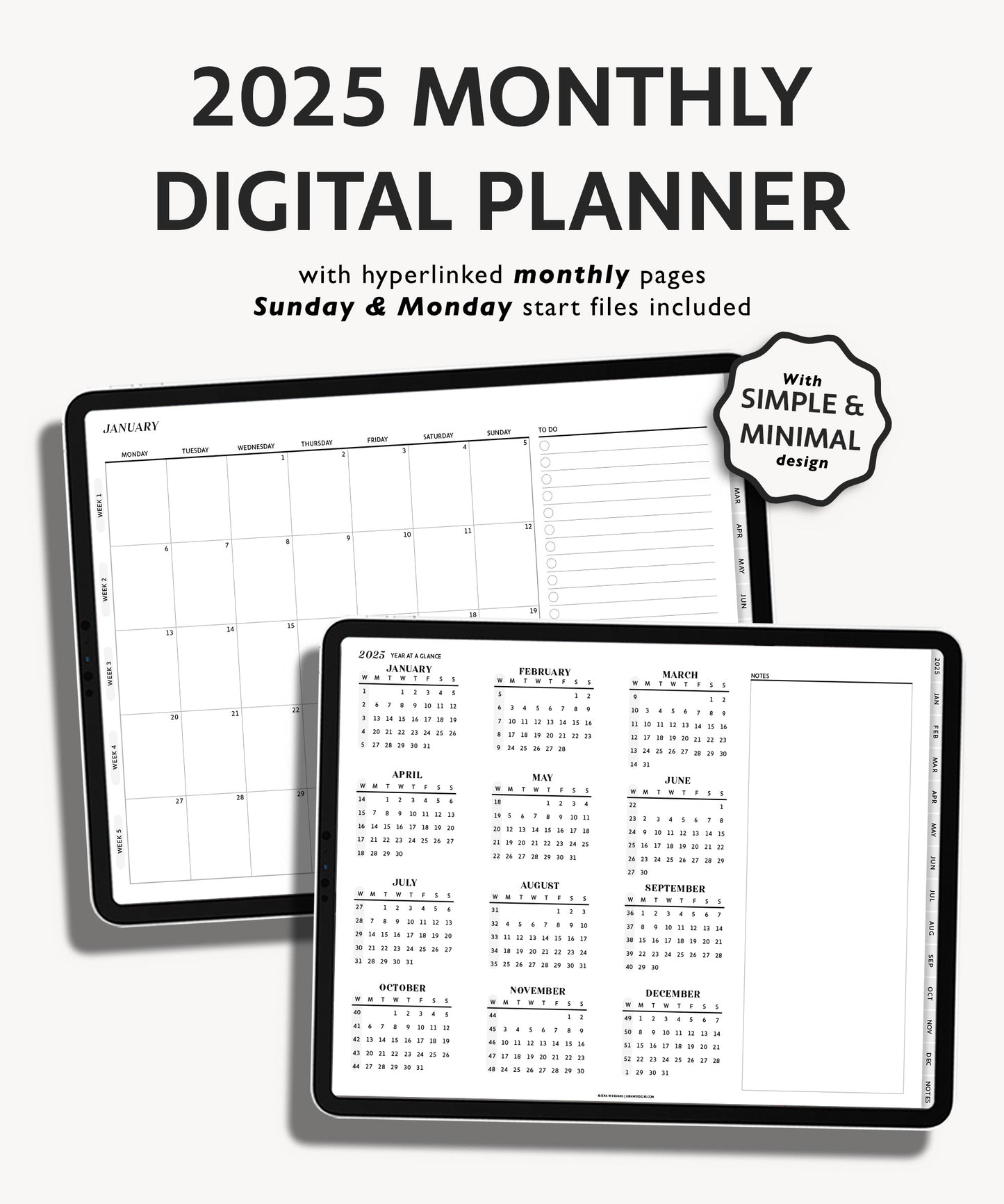 2025 Simple Monthly Weekly Digital Planner | Modern Minimal
