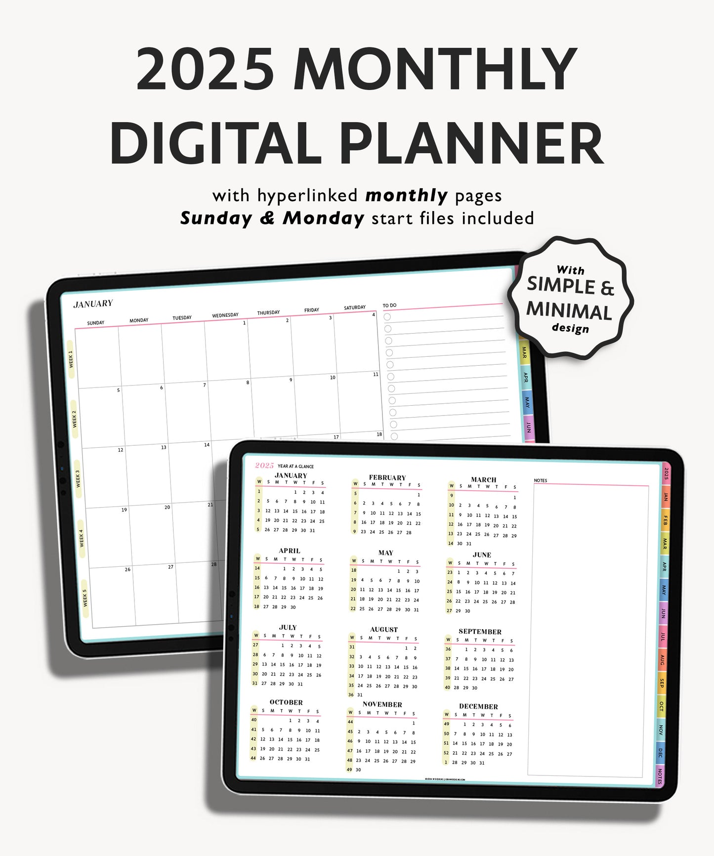 2025 Simple Monthly Weekly Digital Planner | Modern Minimal