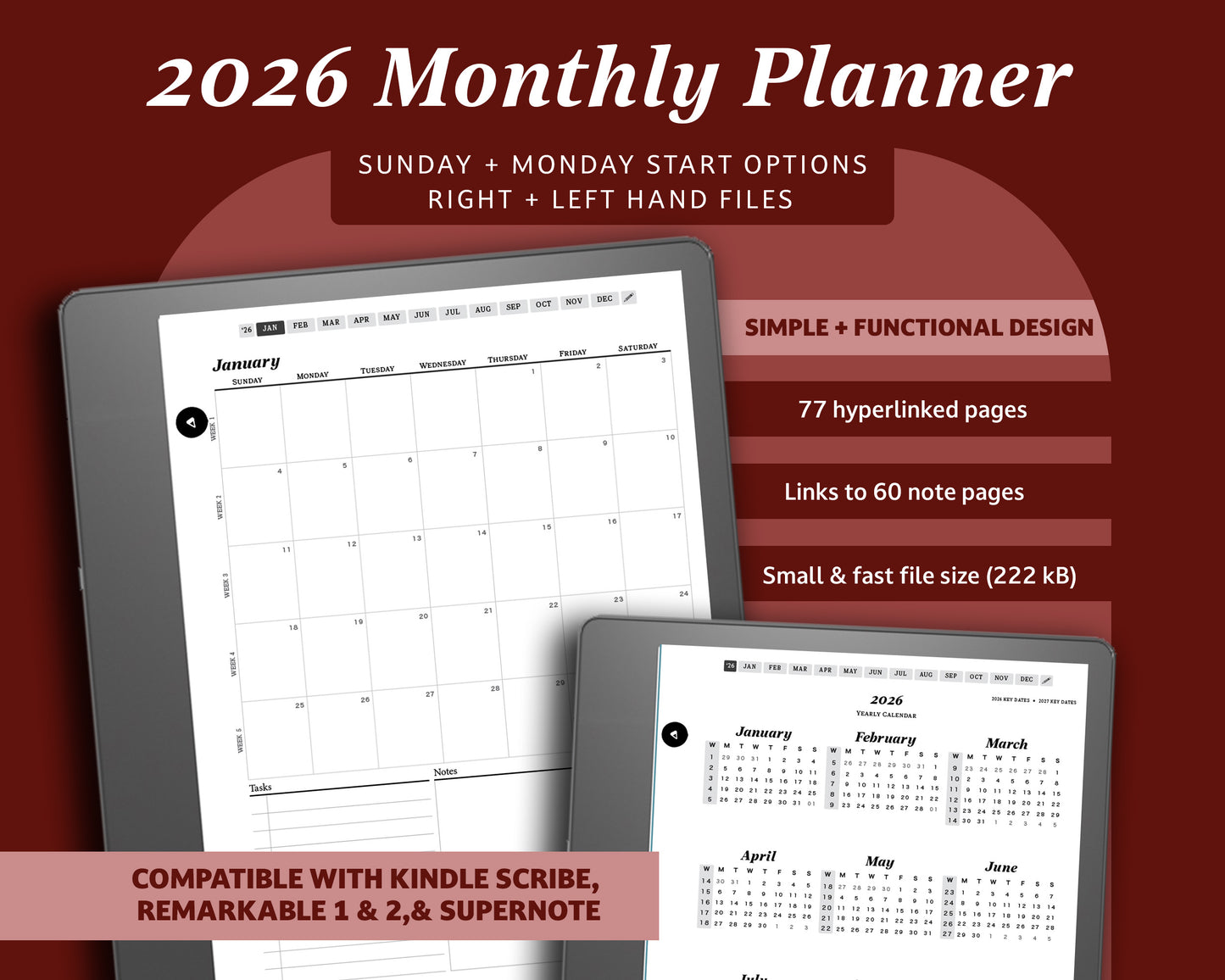 2026 Monthly Digital Planner | for Kindle Scribe