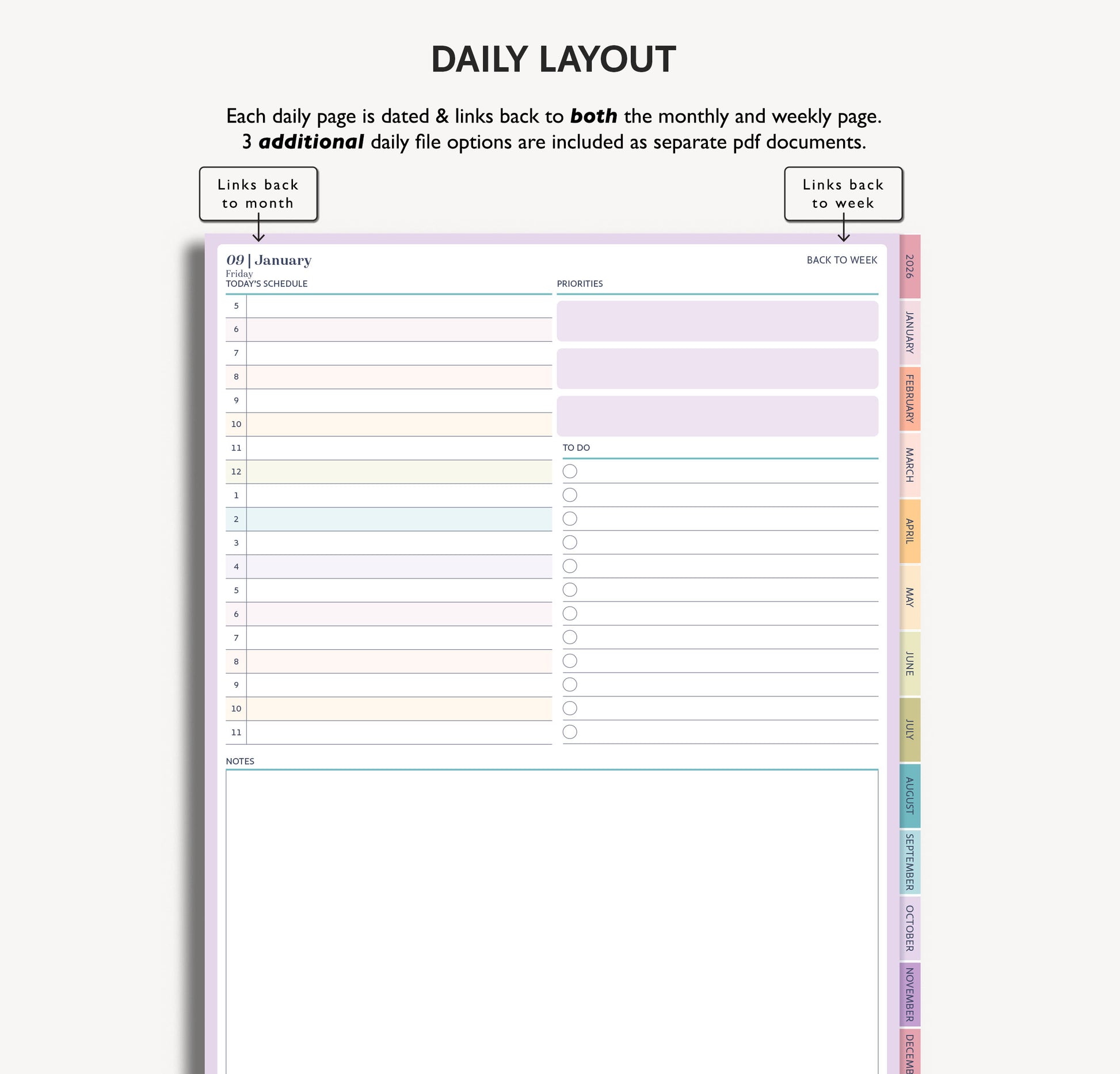 Daily layout planner with a colorful hourly timeblocking schedule
