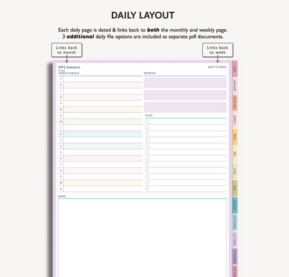 Daily layout planner with a colorful hourly timeblocking schedule