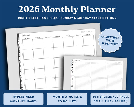 2026 Digital Planner for Supernote: Monthly Agenda (PDF)