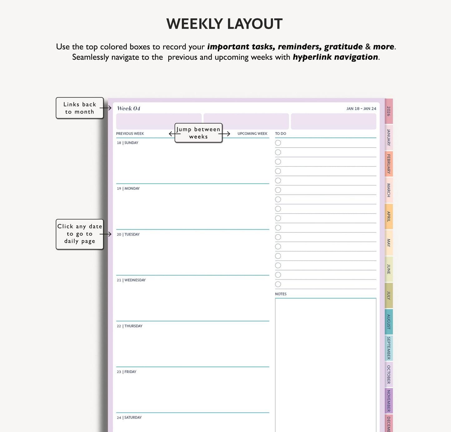 Weekly layout planner with task recording and hyperlink navigation features on a white background.