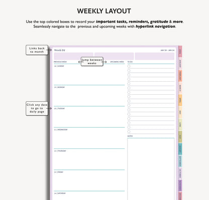 Weekly layout planner with task recording and hyperlink navigation features on a white background.