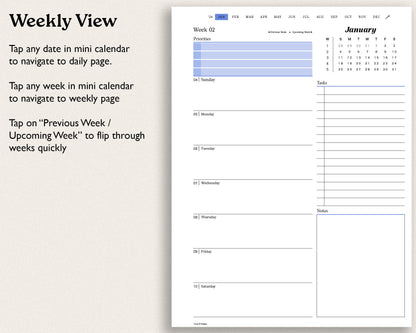 Weekly view calendar with hyperlink navigation for reMarkable paper pro
