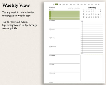 weekly view calendar with tasks and notes. 