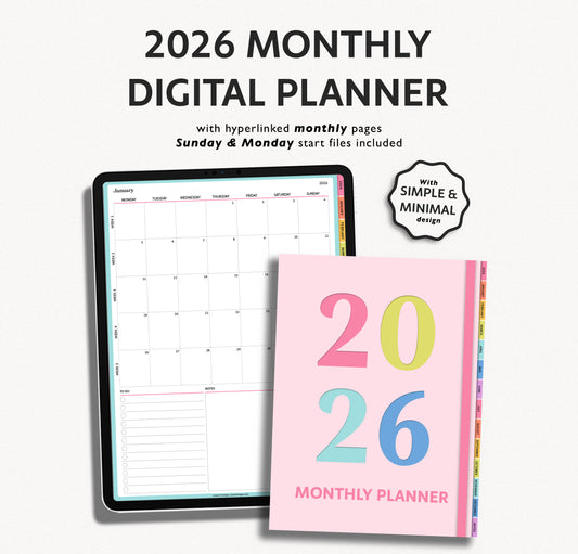 2026 Monthly Digital Planner with colorful design on a white background