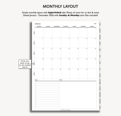 Minimalist simple Monthly layout planner with hyperlinked tabs for January to December 2026, including space for to-dos and notes.
