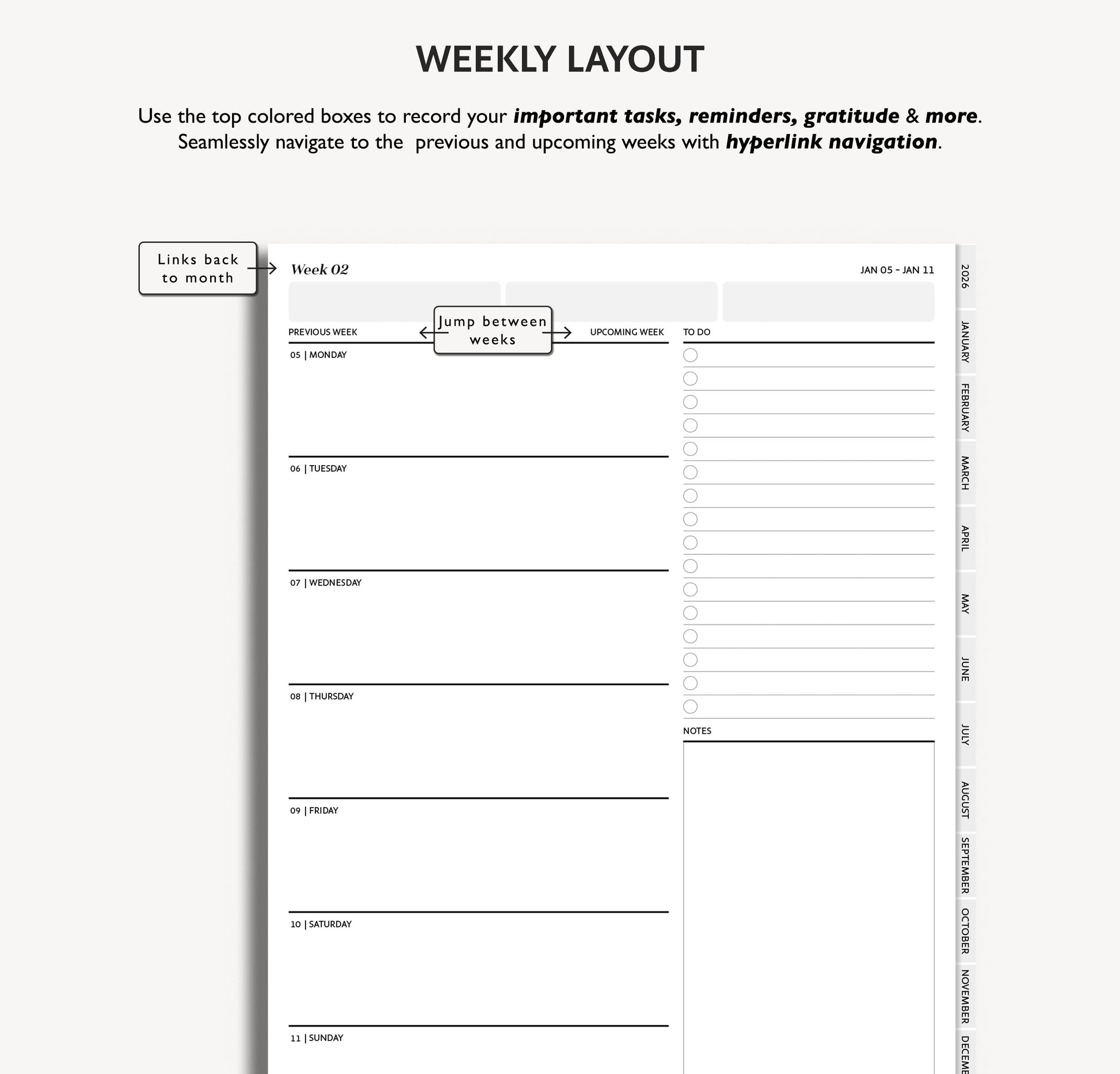 Hyperlinked Weekly layout planner with task recording sections 