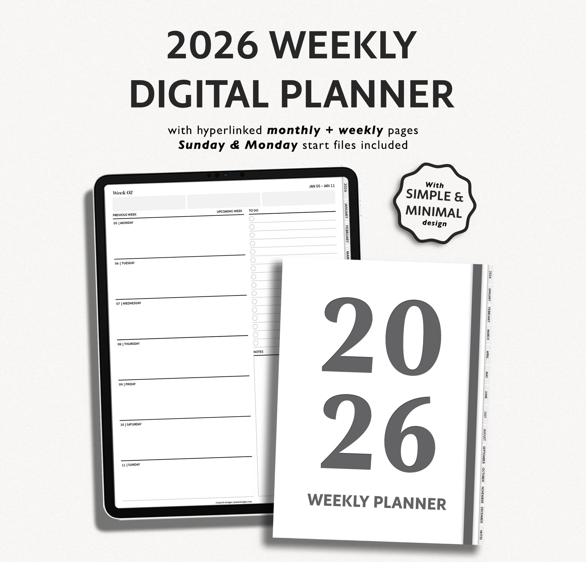 2026 Weekly Digital Planner with hyperlinked monthly and weekly pages for Men