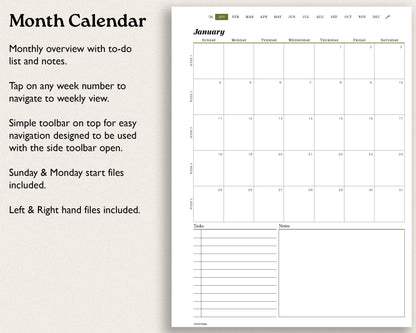monthly calendar with hyperlinks. includes tasks and notes section for remarkable paper pro