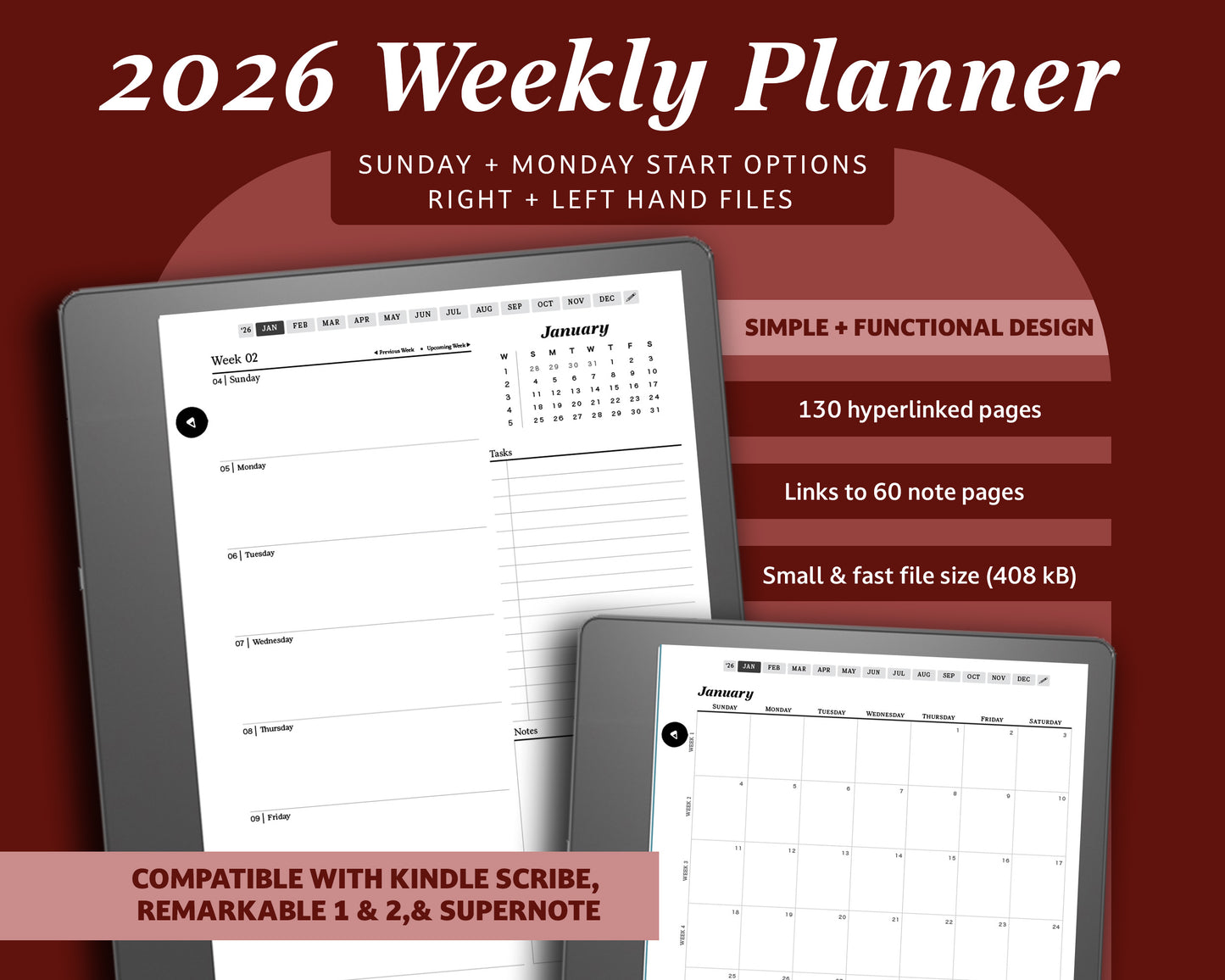 2026 Weekly Digital Planner | for Kindle Scribe