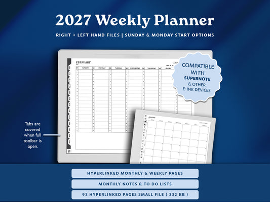 2027 Hourly Weekly Digital Planner | Landscape Planner for Supernote