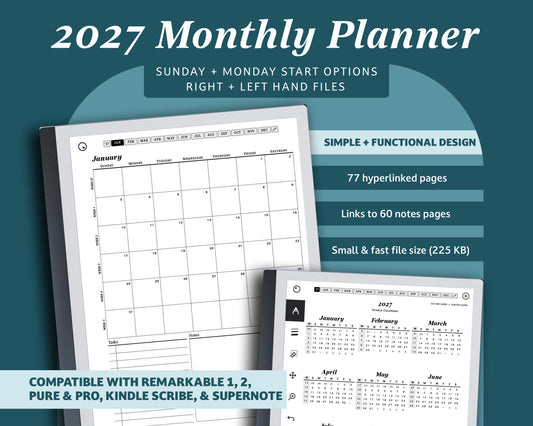 2027 Monthly Planner | for reMarkable 2, Paper Pure, & Paper Pro