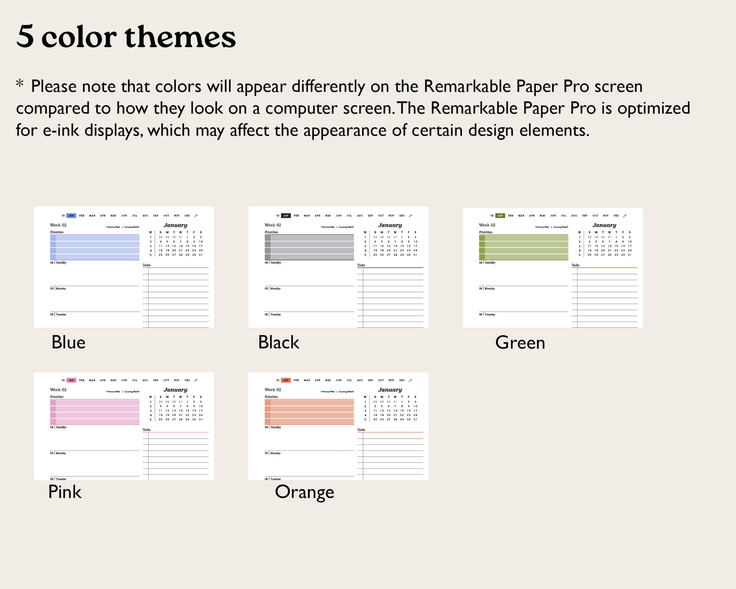 2026 Weekly Digital Planner for reMarkable Paper Pro – Minimalist Hyperlinked PDF Agenda & Digital Notebook | Sunday or Monday Start, 5 Colors