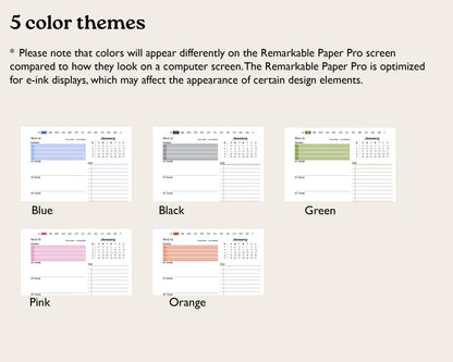 2026 Weekly Digital Planner for reMarkable Paper Pro – Minimalist Hyperlinked PDF Agenda & Digital Notebook | Sunday or Monday Start, 5 Colors