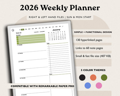 2026 weekly digital agenda for remarkable paper pro with green accents