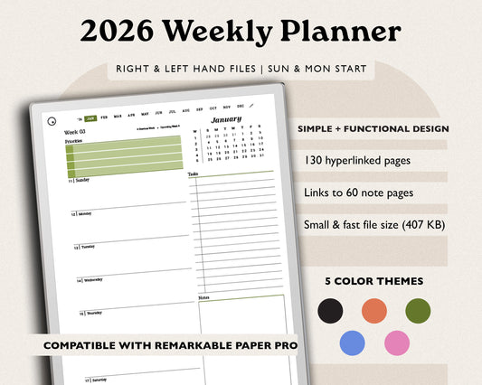 2026 weekly digital agenda for remarkable paper pro with green accents