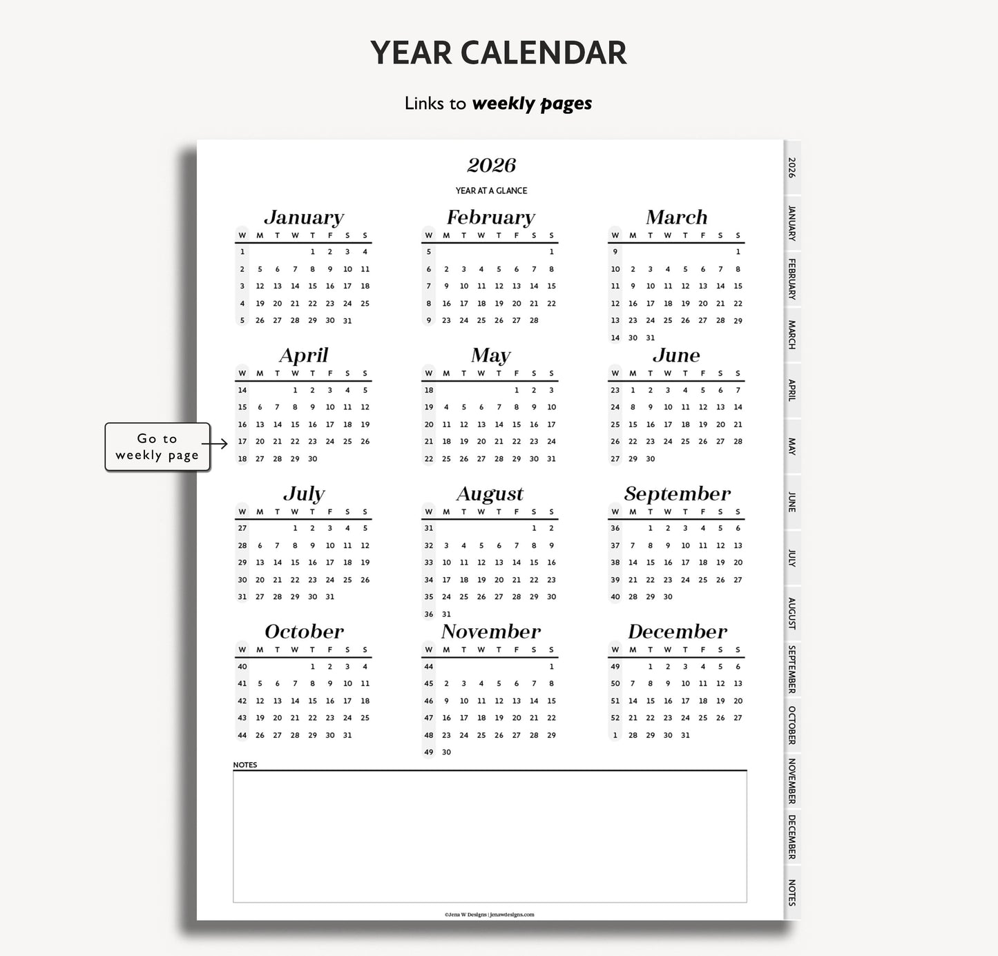 Yearly calendar layout for 2026 with links to weekly pages