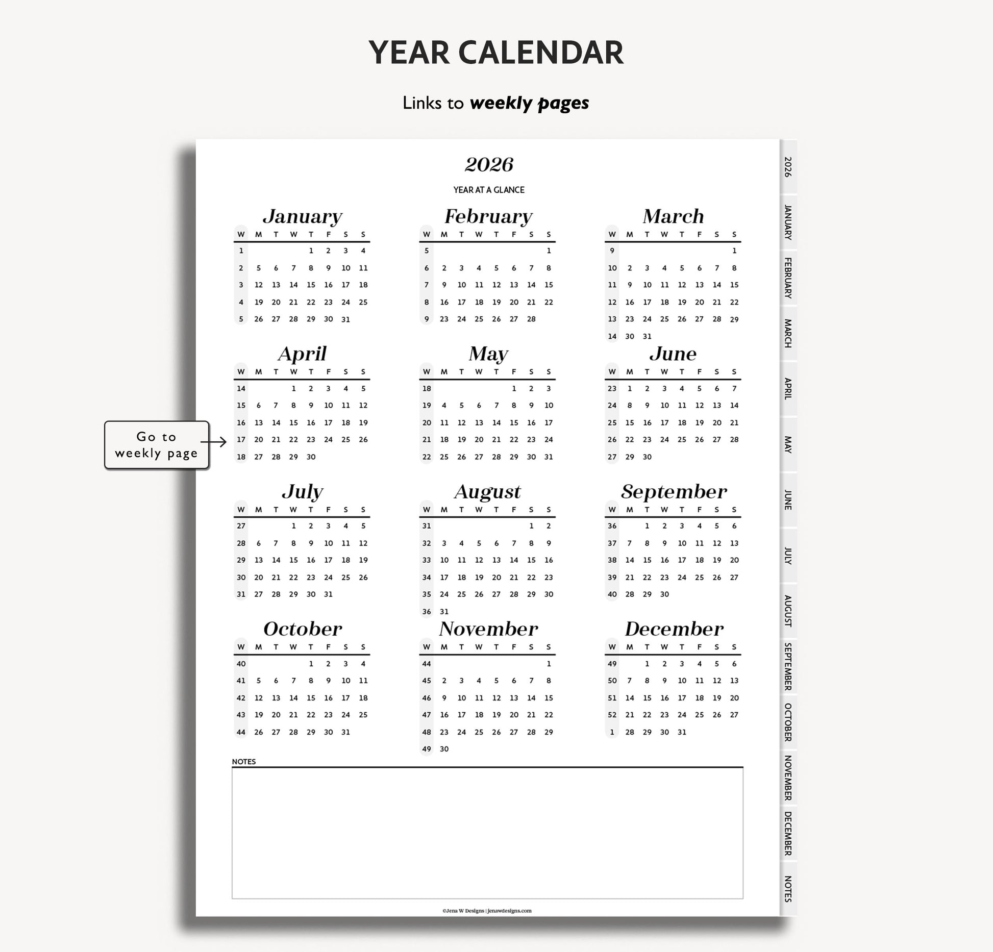 Yearly calendar layout for 2026 with links to weekly pages
