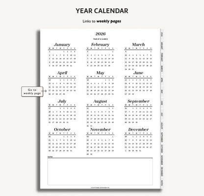 Yearly calendar layout for 2026 with links to weekly pages