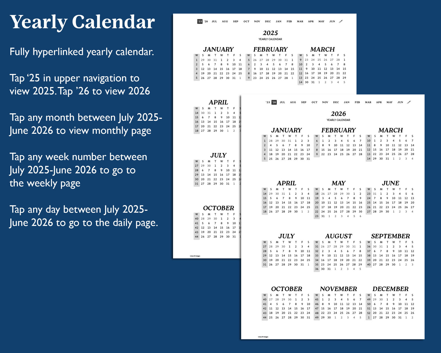 July 2025– June 2026 Digital Planner for Supernote | Hyperlinked Monthly, Weekly & Daily Pages