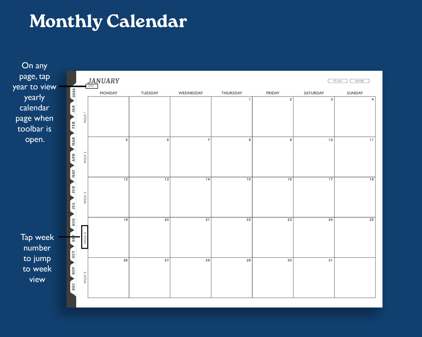 2026 Digital Planner for Supernote: Landscape Monthly Weekly Agenda