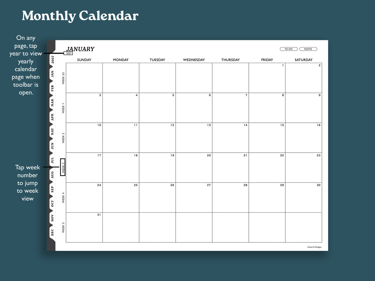 2027 Hourly Weekly Planner | Landscape Planner for reMarkable 2, Paper Pure, Paper Pro