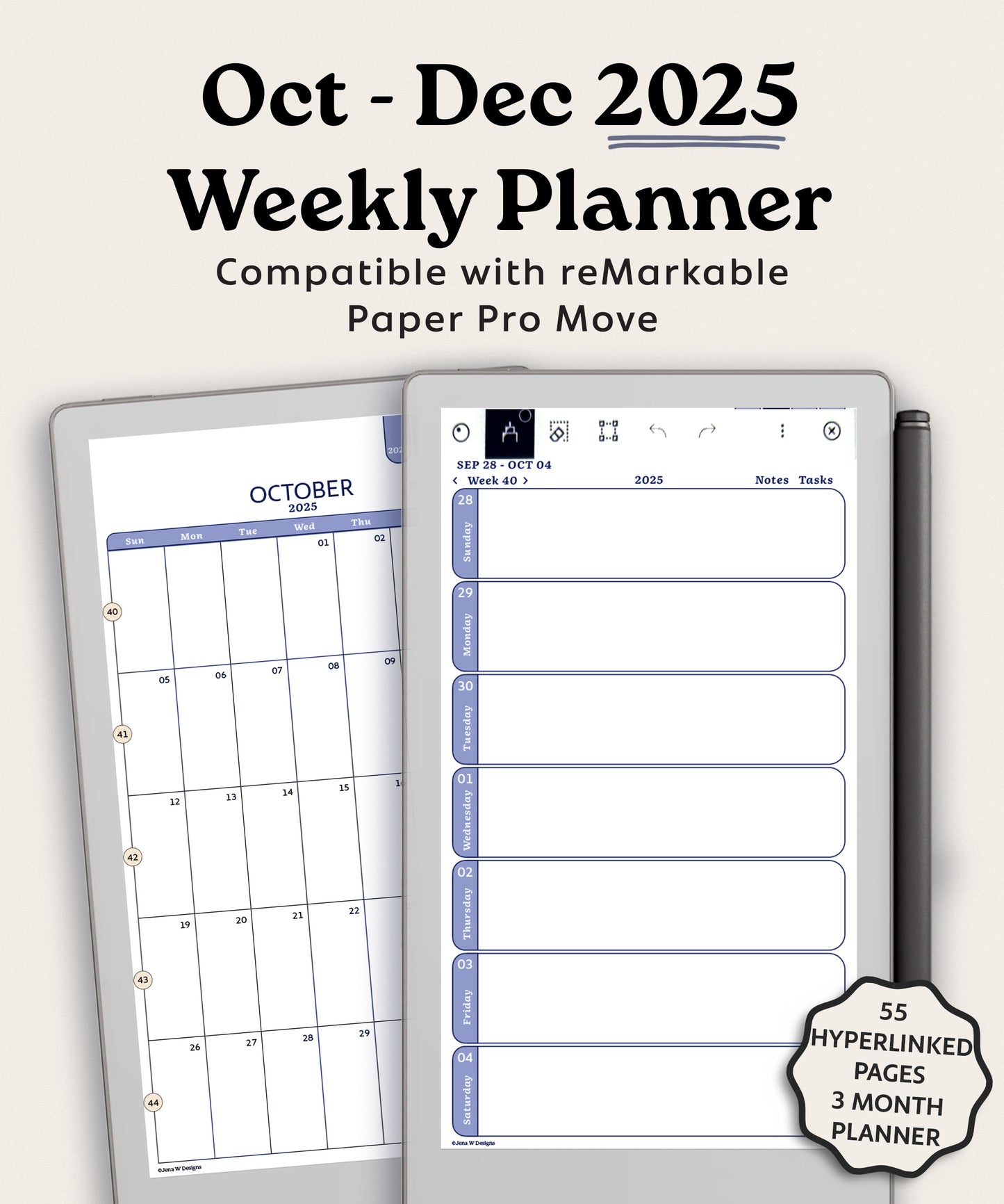 Free: 2025 Dated October-December Weekly Digital Planner for reMarkable Paper Pro Move | Mini Planner