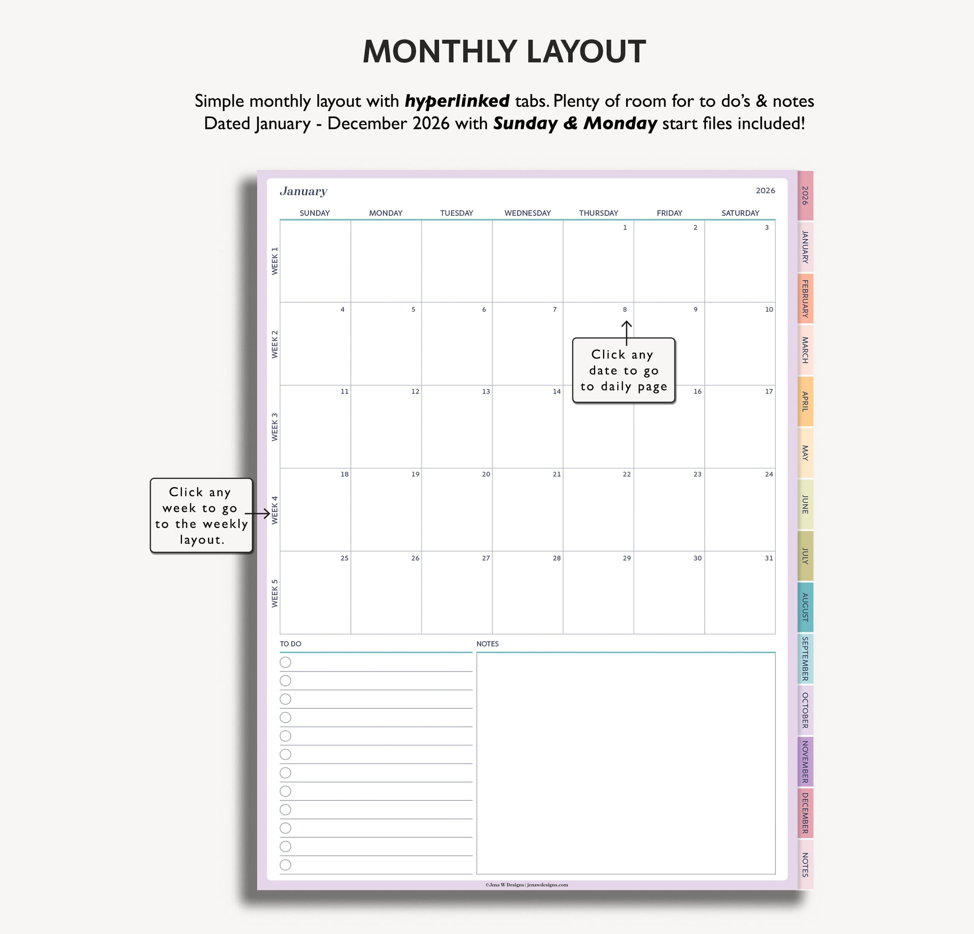 Monthly layout planner with hyperlinked tabs and room for to-do notes, dated January 2026 to December 2026.