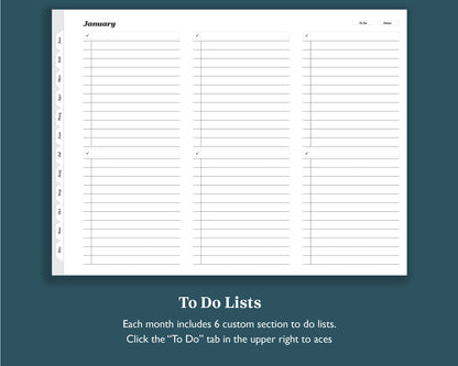 Undated Monthly Planner with To Do Lists | Landscape Planner for e-ink Devices