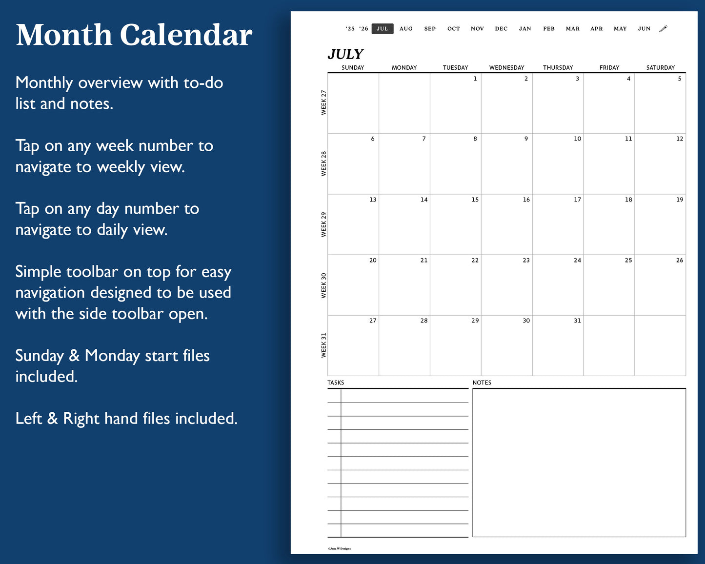 July 2025– June 2026 Digital Planner for Supernote | Hyperlinked Monthly, Weekly & Daily Pages