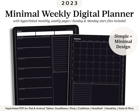 2023 Minimal Modern Monthly Weekly Planner | 12 Month Vertical Planner | Dark Mode