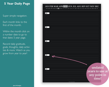 5 Year Journal | One Line a Day Gratitude Book | Black Paper Dark Mode - Jena W Designs