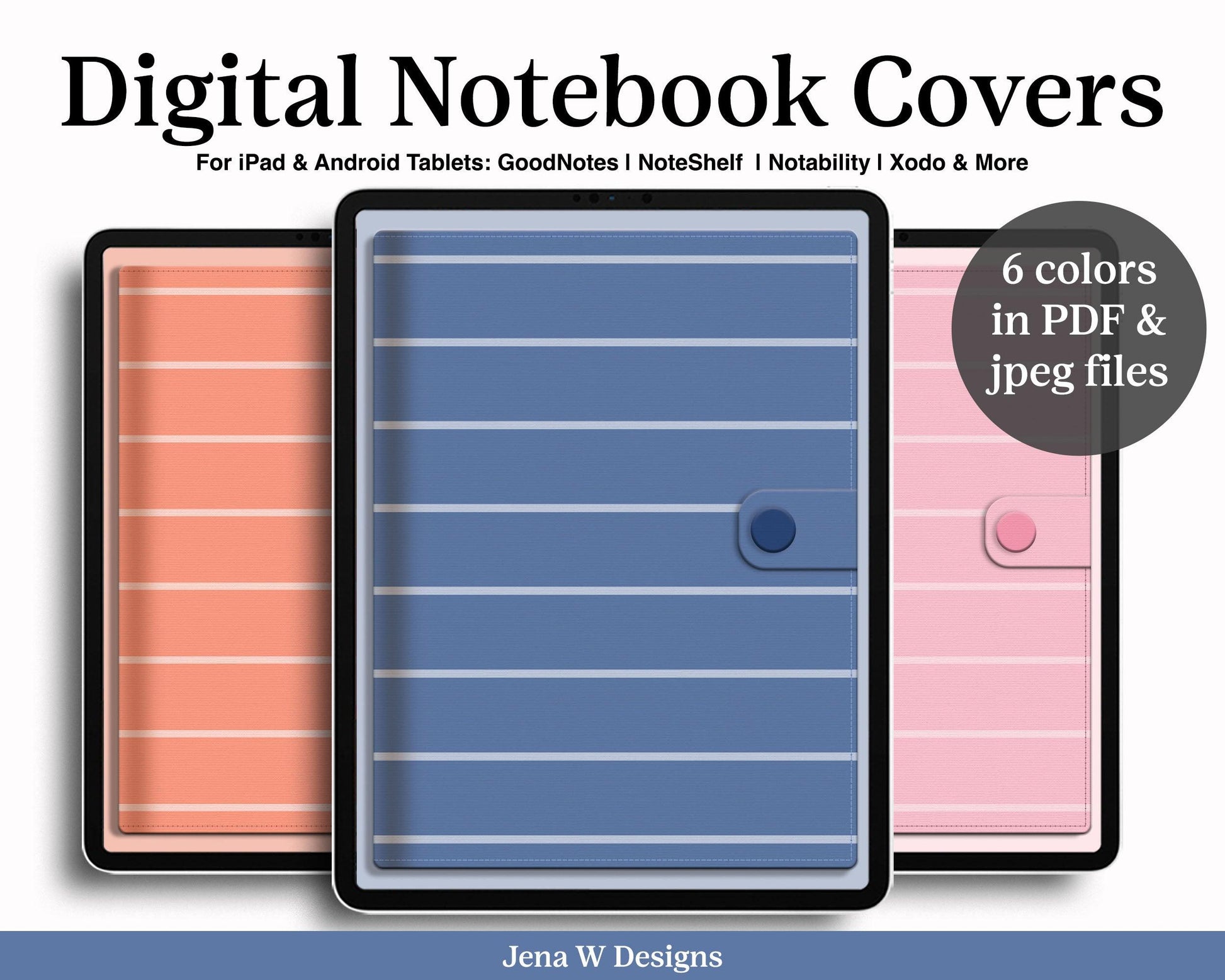 Realistic Digital Planner & Notebook Cover | 6 Folio Stripe Covers | Vertical - Jena W Designs