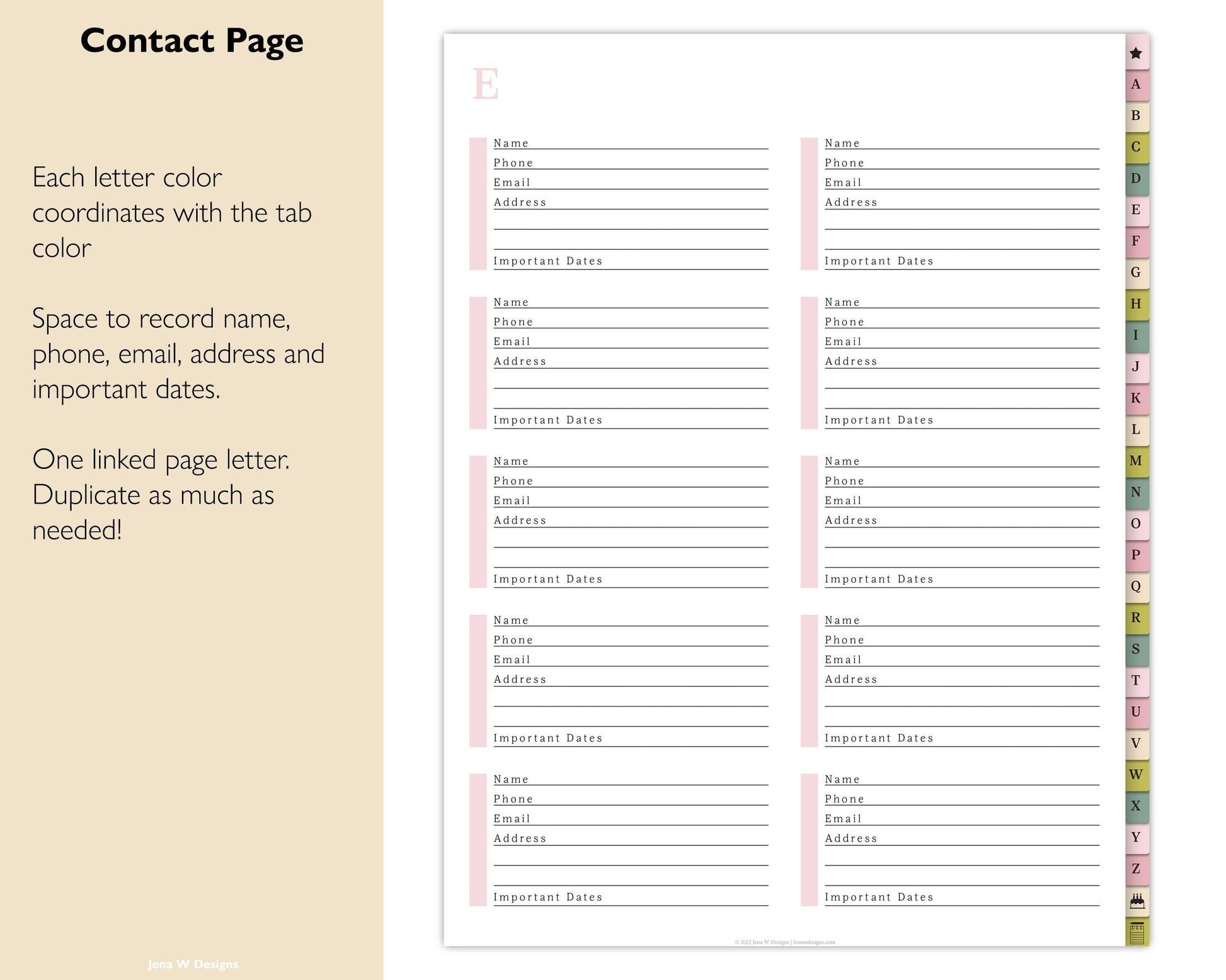 Digital Address Book | Hyperlinked PDF Contact Book - Jena W Designs