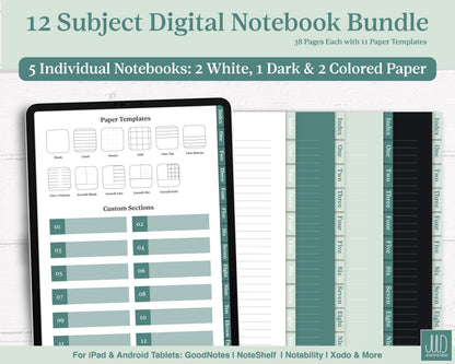 12 Subject Notebook Bundle | White, Colored and Dark Mode Notebook Bundle - Jena W Designs