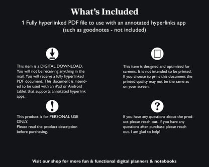 12 Subject Hyperlinked PDF Notebook | Dark Mode - Jena W Designs