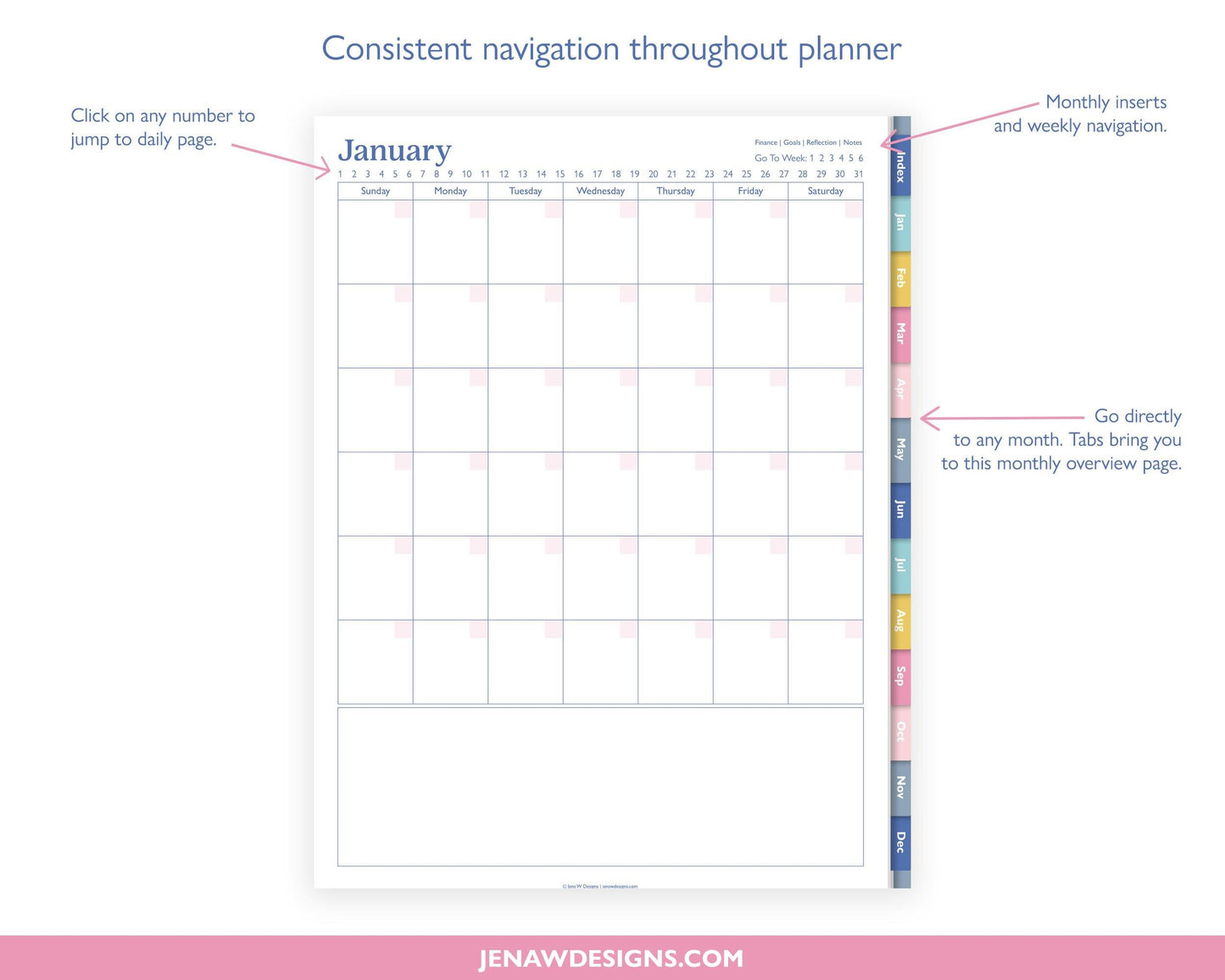 Undated Daily Planner with Colored Tabs - Jena W Designs